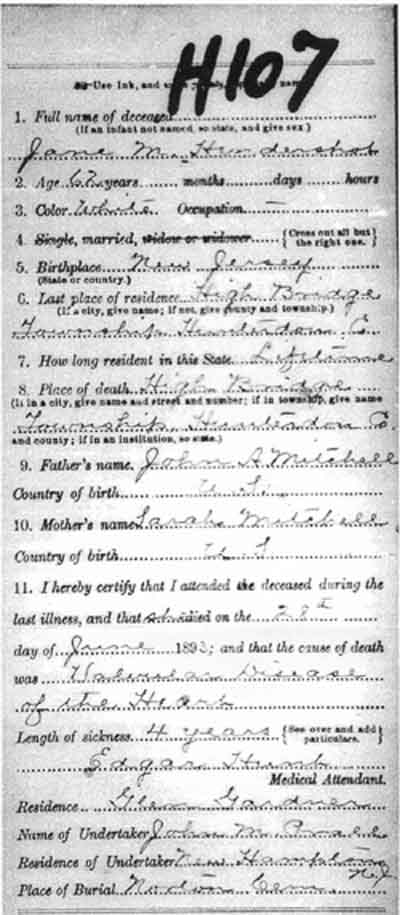 Jane Hendershot Death Certificate